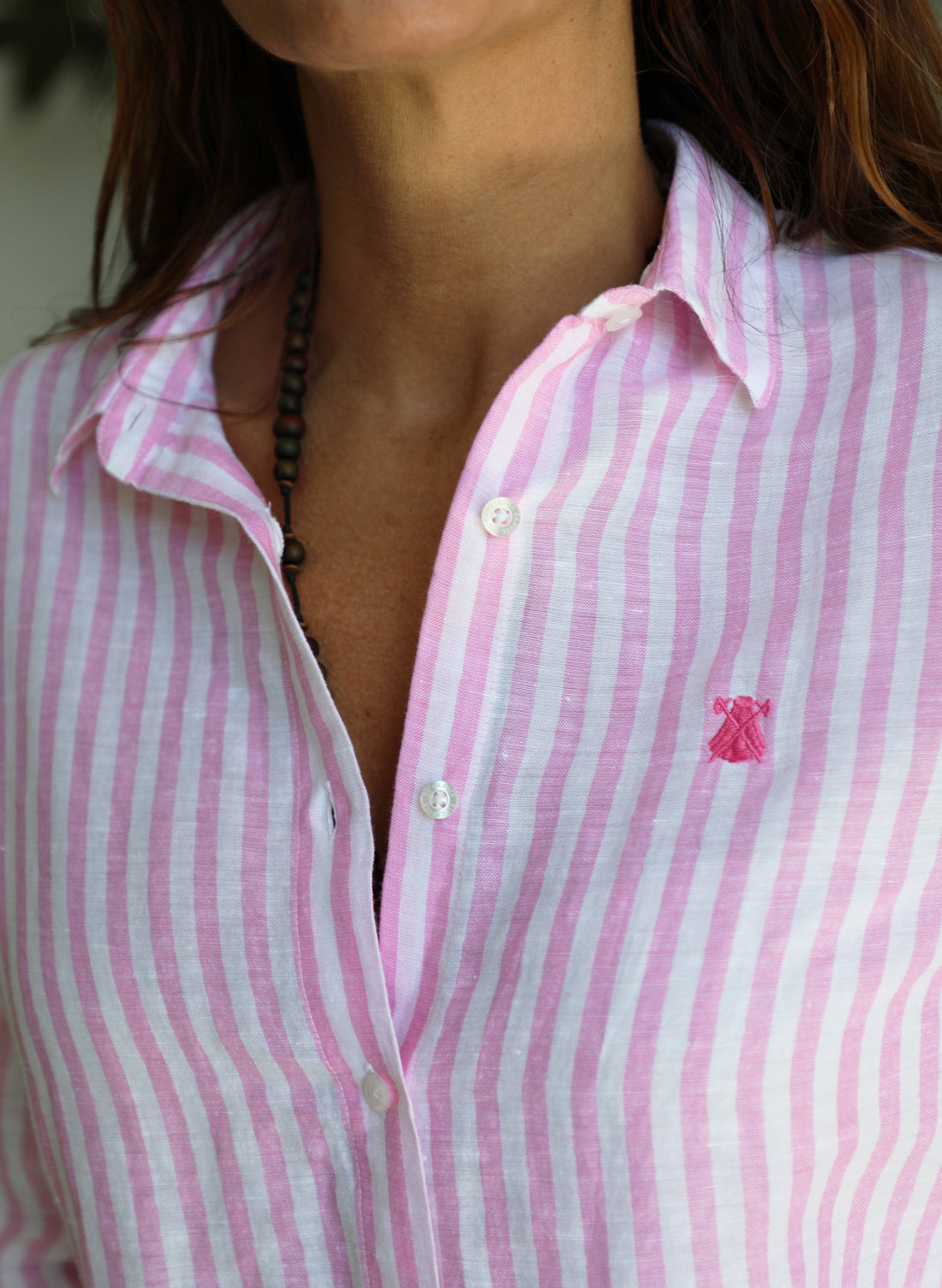 女式粉紅寬條紋亞麻襯衫