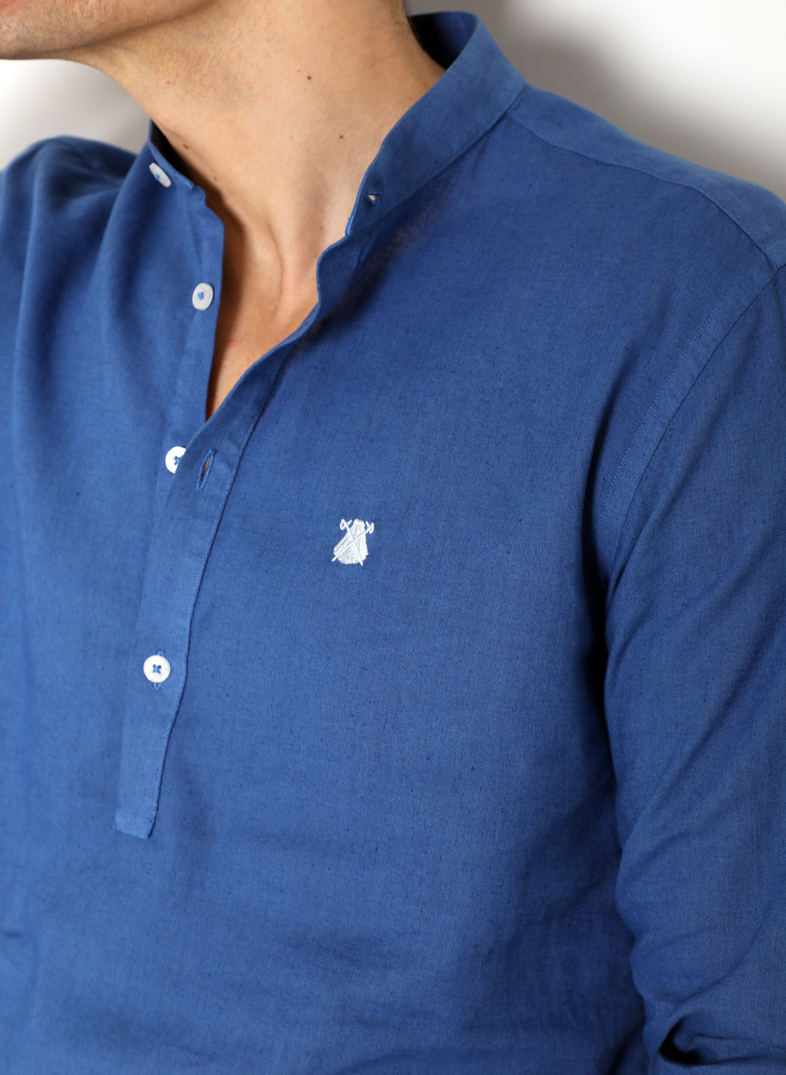 Men's Indigo Blue Linen Mandarin Collar T-shirt
