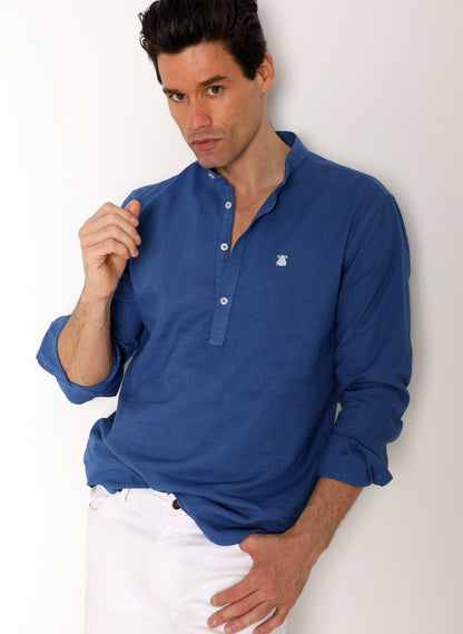 Men's Indigo Blue Linen Mandarin Collar T-shirt