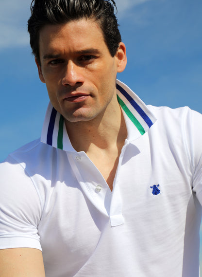 Men's White Striped Collar Polo