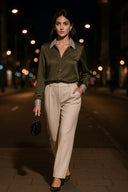 Camisa Verde Kaki Viscosa Lentejuelas Mujer