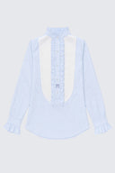 Camisa Celeste Pechera con Volante Puño Mujer