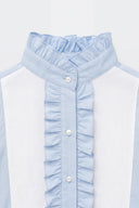 Camisa Celeste Pechera con Volante Puño Mujer