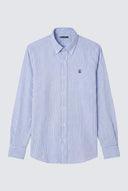 Camisa Rayas Azules Lino Cuello Botón Hombre