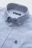 Camisa Rayas Azules Lino Cuello Botón Hombre