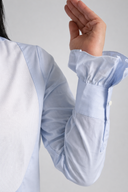 Light Blue Shirt with Ruffled Bib and Cuff for Women