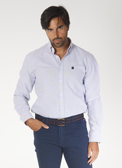 藍色條紋系扣男士襯衫