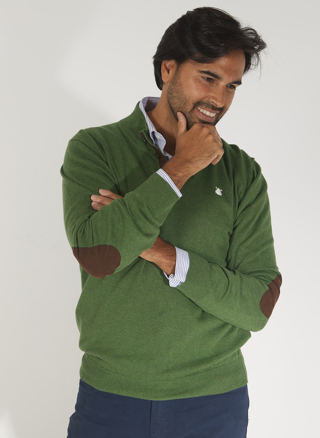 Groene herensweater met 4 knopen en elleboogbeschermers