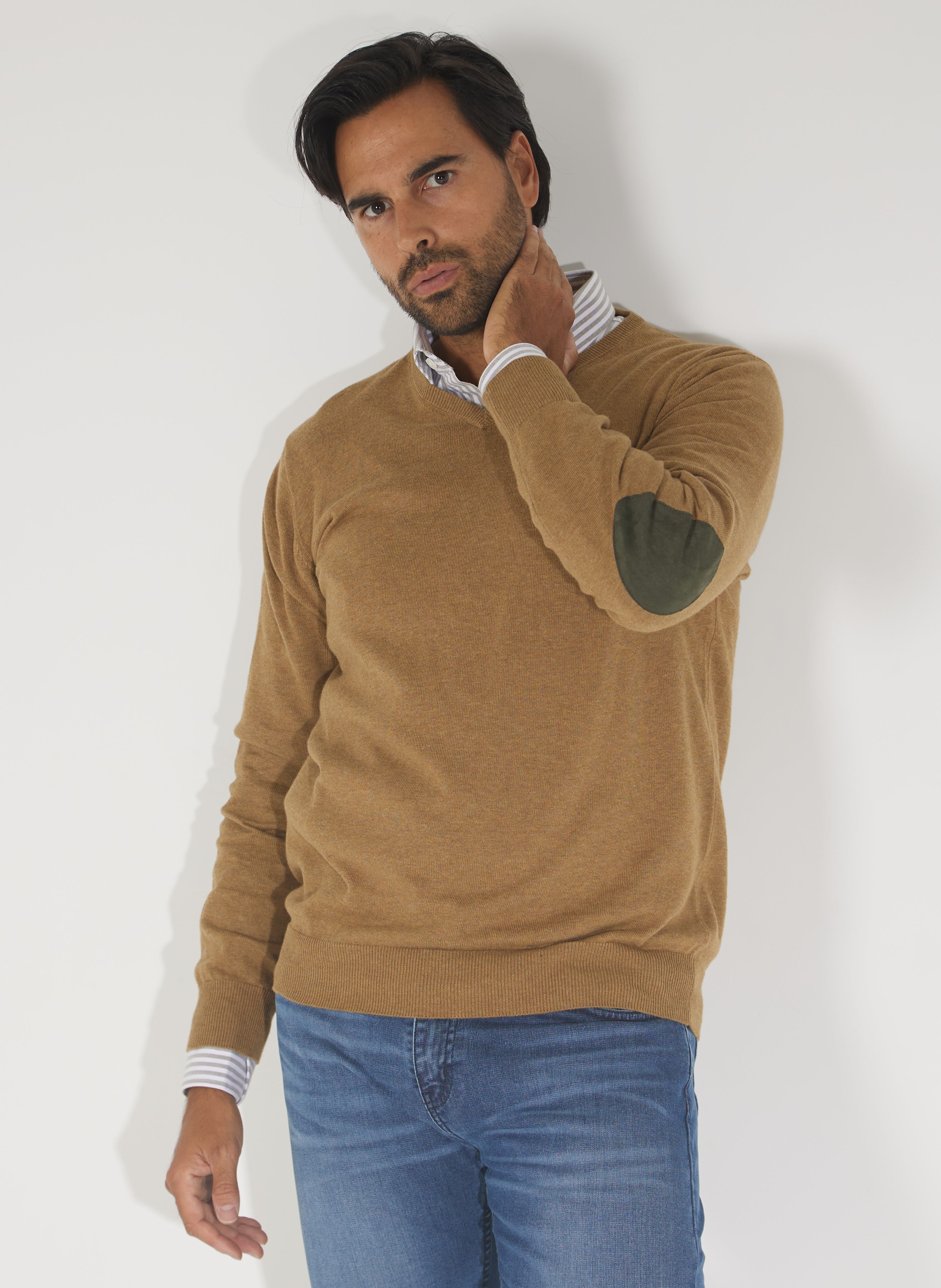 Men's Brown Elbow Pads V-neck Sweater