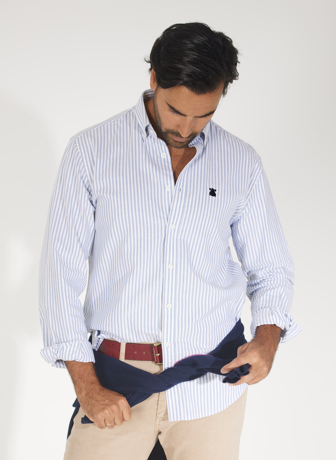 Man Shirt Wide Stripe Blue Button Collar
