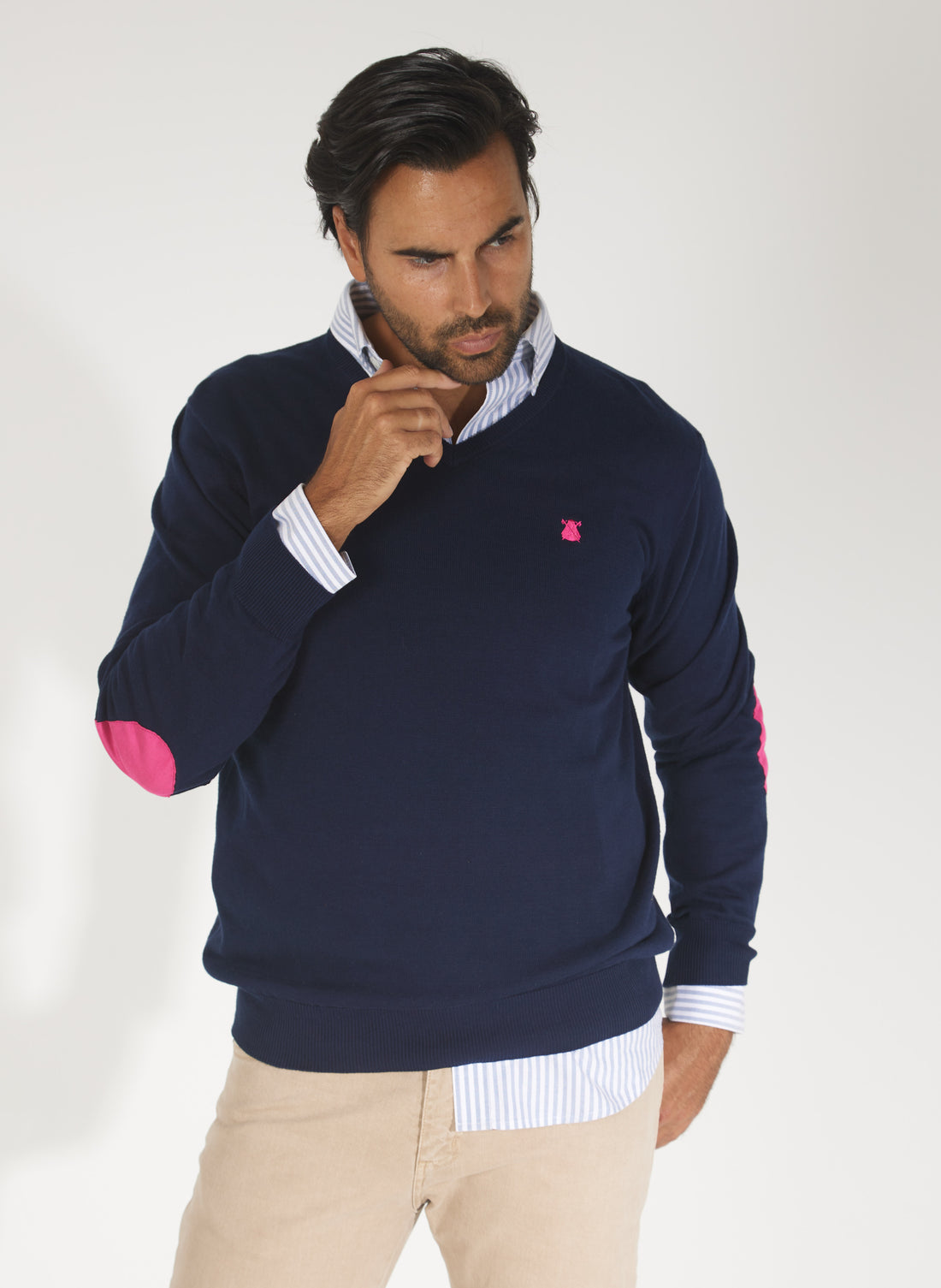 Navy Blue Sweater with Pink Elbow Pads for Man