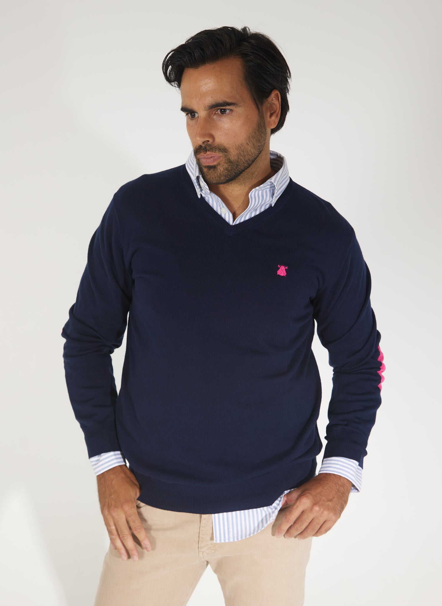 Navy Blue Sweater with Pink Elbow Pads for Man