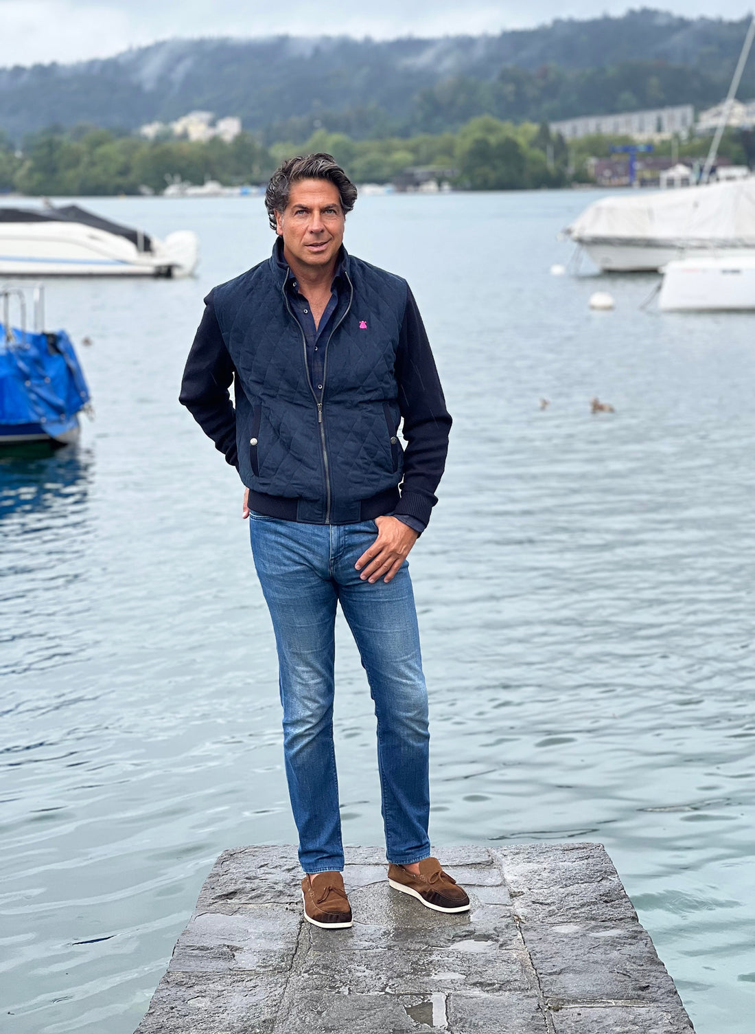 Navy Men's Jacket with Knitted Sleeves