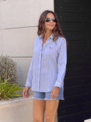 Camisa Rayas Azules 100% Lino Mujer