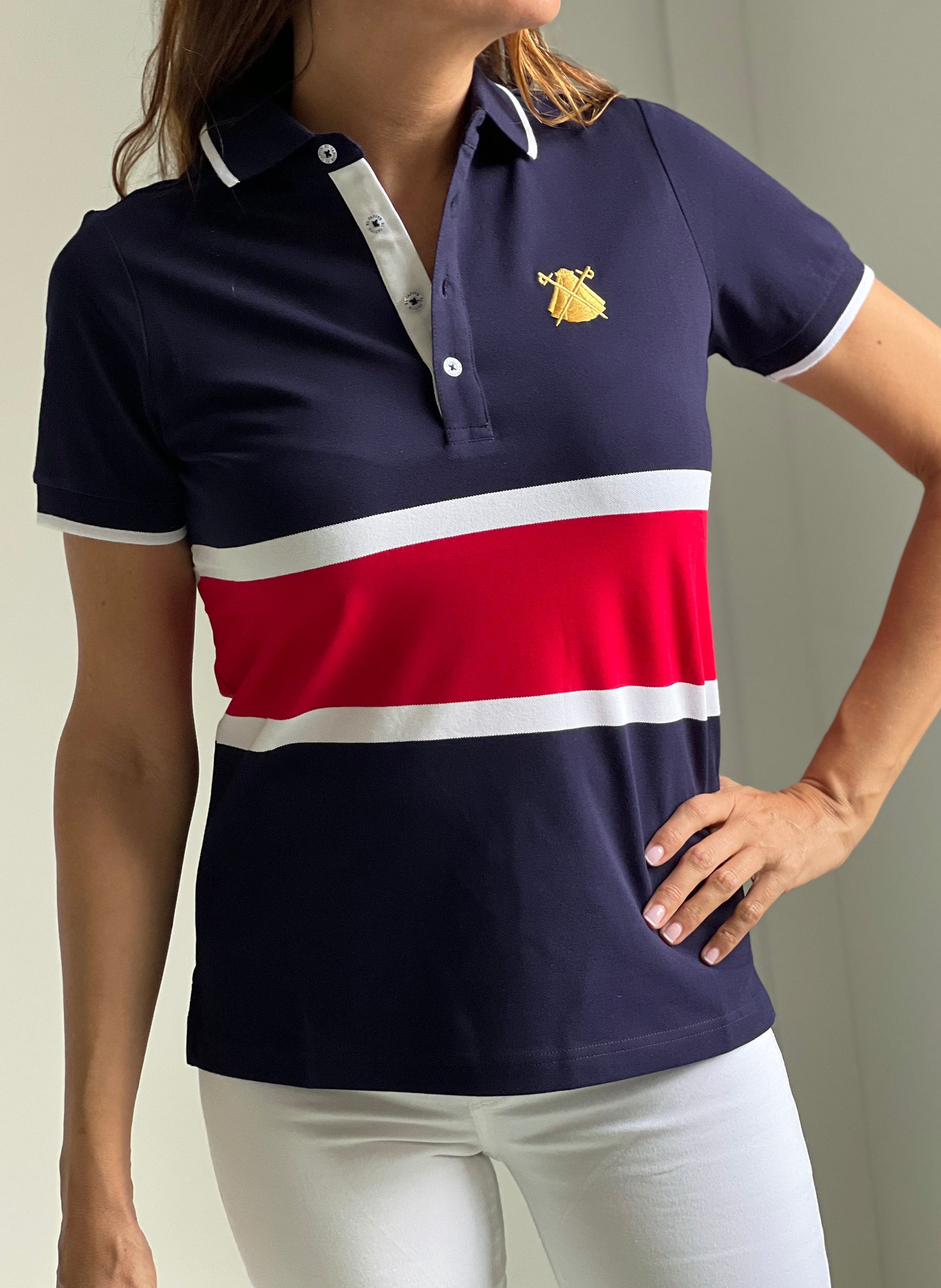 Navy Women's Polo with Red Stripe