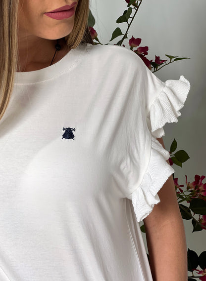Weißes Damen-T-Shirt mit Rüschenärmeln