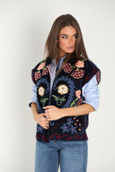 Chaleco Azul Terciopelo Bordado Flores  Mujer
