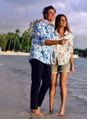 Camisa Lino Flores Turquesas Hombre