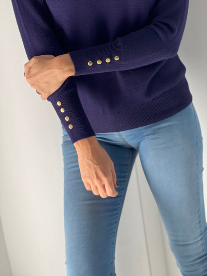 Women's Blue Crew Neck Sweater with Buttons