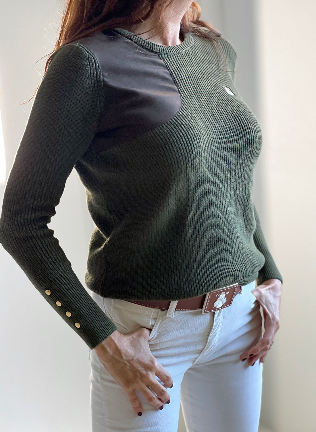 Khaki Green Women's Sweater Shoulder Split