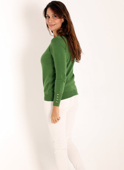 Women's Sweater Crew Neck Buttons Apple Green