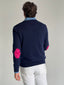 Navy Blue Sweater with Pink Elbow Pads for Man