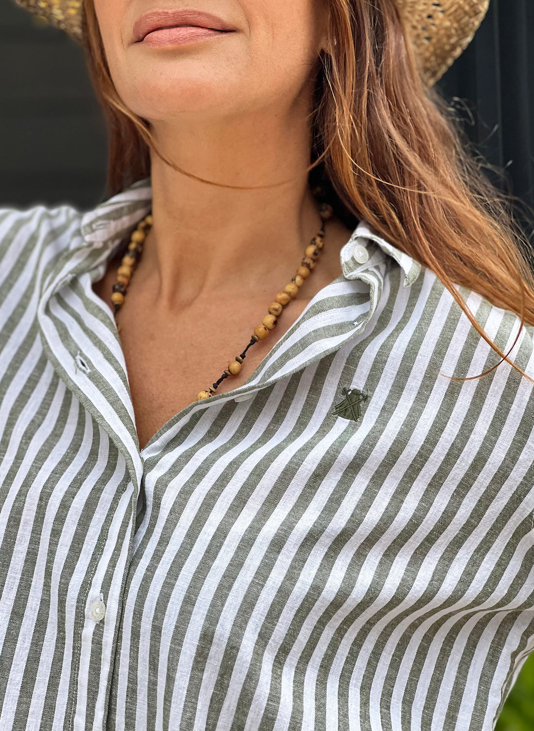 Women's Green Wide Stripe Linen Shirt