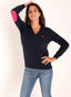 Women's Navy Blue V-neck Sweater with Elbow Patches 