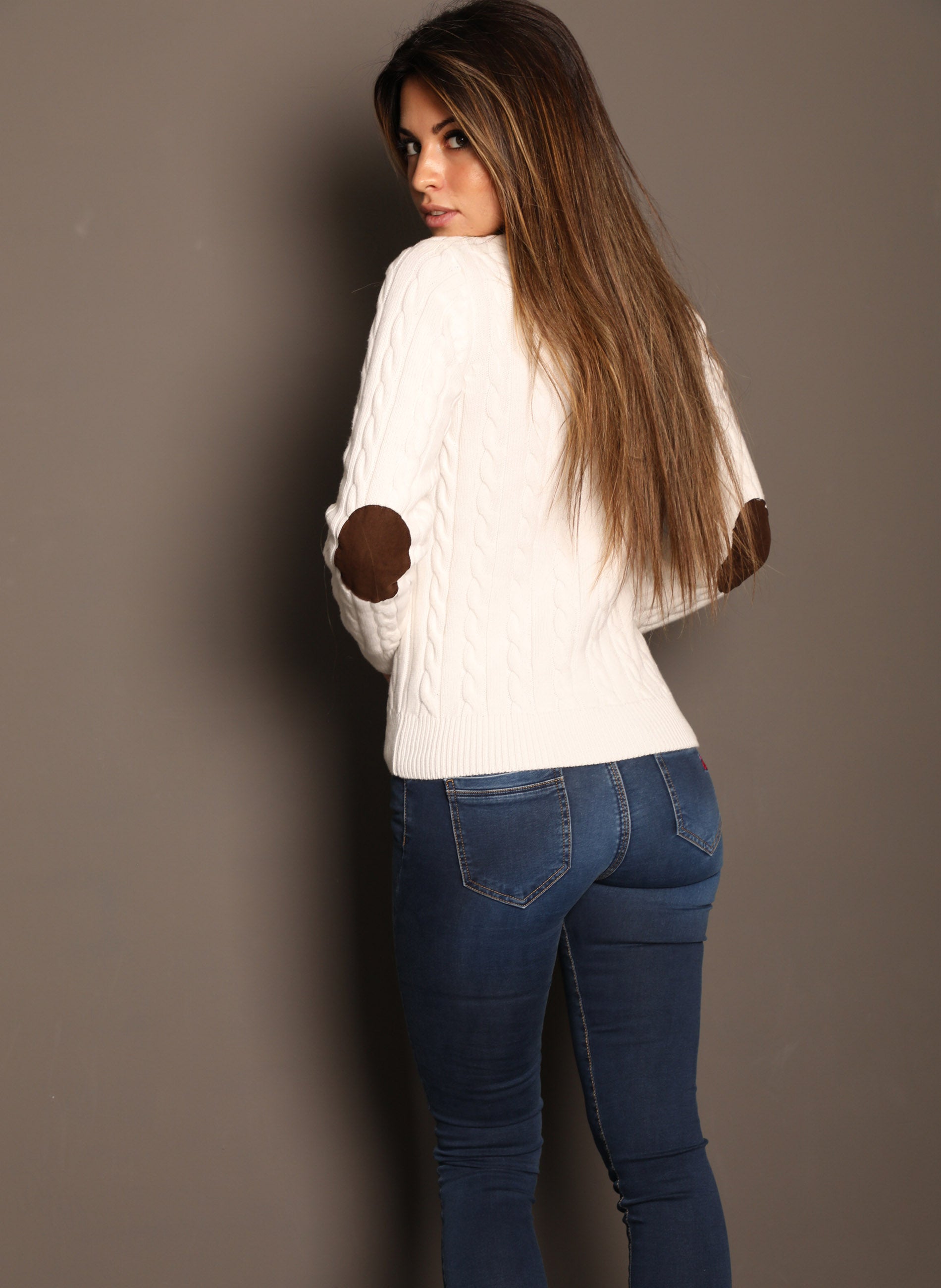 Women's White Cable Knit Sweater with Elbow Pads