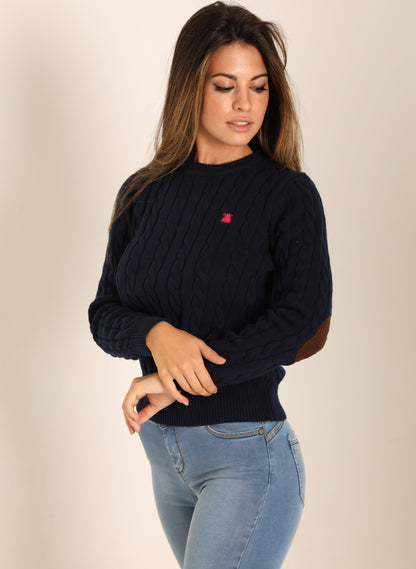 Women's Blue Cable Knit Sweater with Elbow Pads