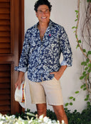 Camisa Lino Azul Flores Beige Hombre