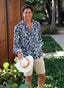Camisa Lino Azul Flores Beige Hombre