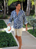 Camisa Lino Azul Flores Beige Hombre