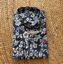 Camisa Lino Azul Flores Beige Hombre
