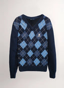 Jersey Azul Lambswool Cuello Pico Rombos Mujer