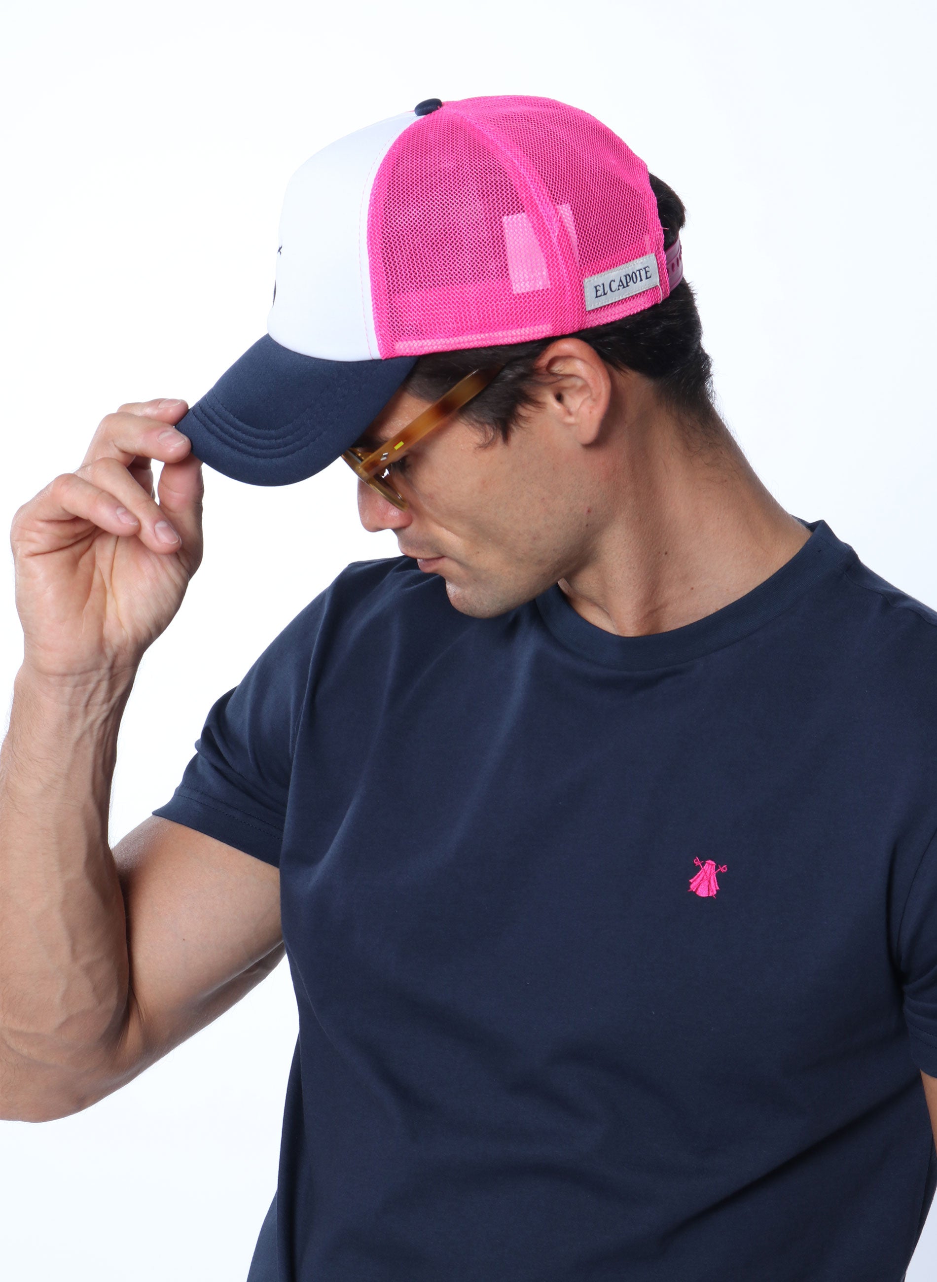 Marineblaues Herren-T-Shirt mit rosa Logo