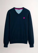 Navy Blue Sweater with Pink Elbow Pads for Man