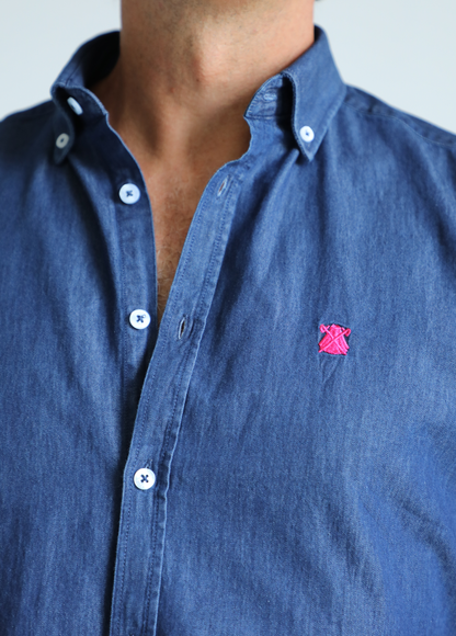 Men's Dark Blue Denim Shirt with Button Collar