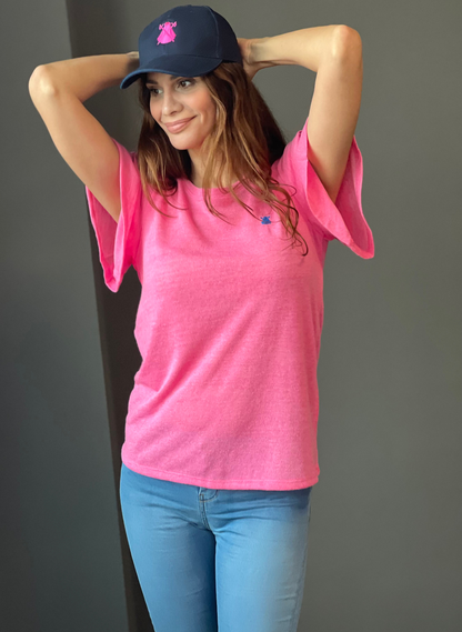 Rosa Viskose-T-Shirt für Damen mit doppelten Ärmeln und Rüschen