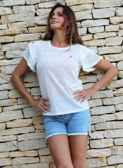 Weißes Viskose-T-Shirt für Damen mit Doppelärmeln und Rüschen