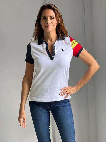 Weißes Poloshirt mit Spanien-Interlock-Ärmeln für Damen