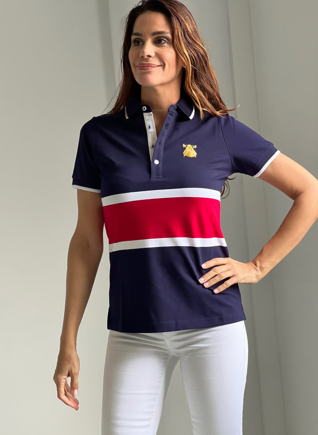 Navy Women's Polo with Red Stripe