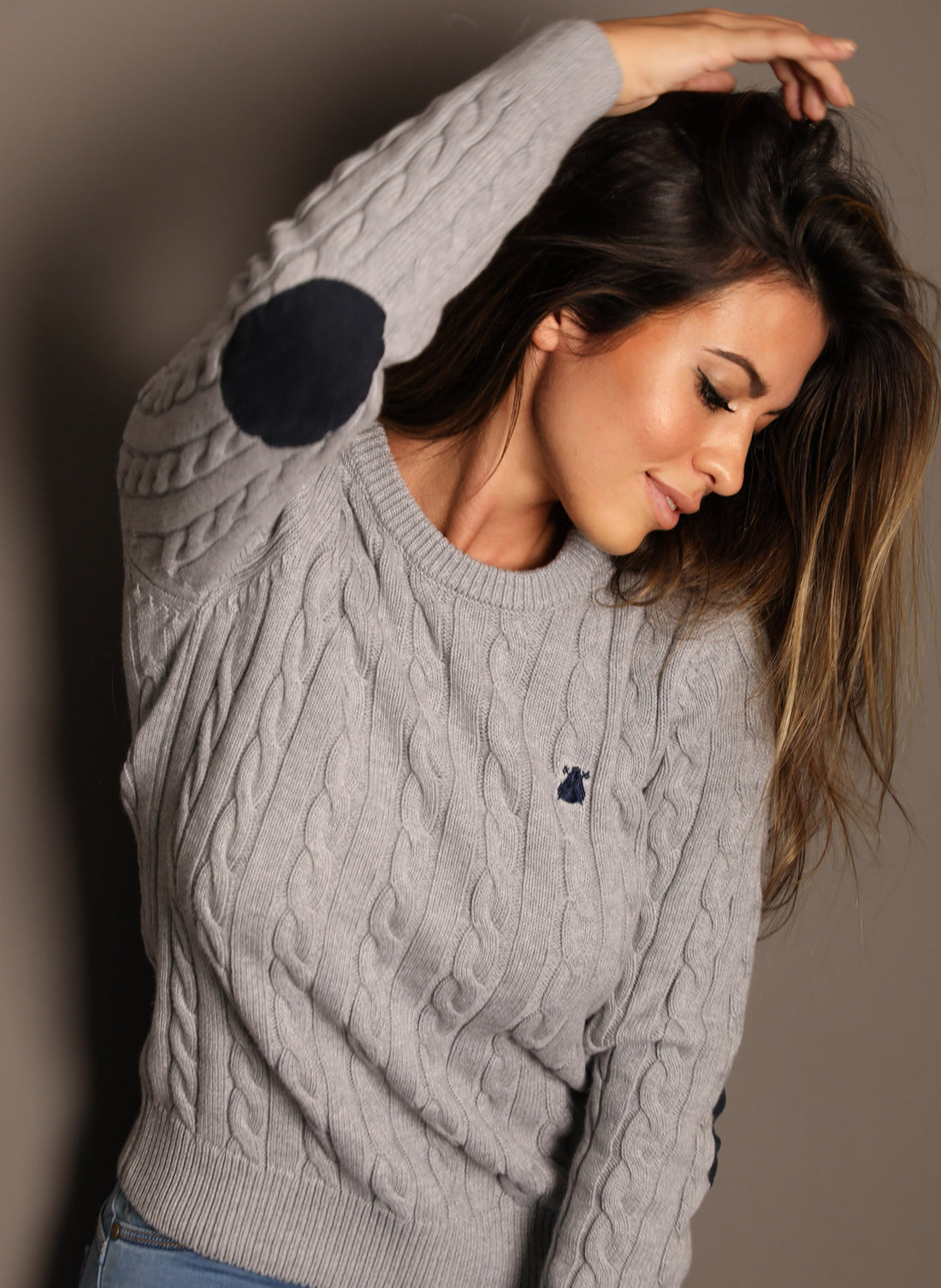 Women's Gray Cable Knit Sweater with Elbow Pads