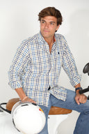 Camisa Cuadros Azul/Camel Cuello Botón Hombre