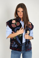 Chaleco Azul Terciopelo Bordado Flores  Mujer