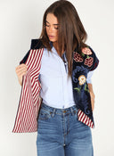 Chaleco Azul Terciopelo Bordado Flores  Mujer