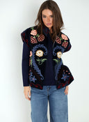 Chaleco Azul Terciopelo Bordado Flores  Mujer