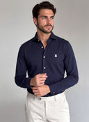 Camisa Azul Punto Piqué Seda Hombre