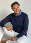 Navy Blue Sweater with Pink Elbow Pads for Man