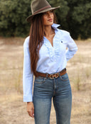 Camisa Azul  Pechera Volantes Mujer